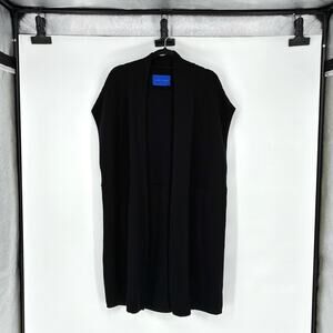 Winser London Black Merino Wool Long Ribbed Knit Open Vest Cardigan - Size L